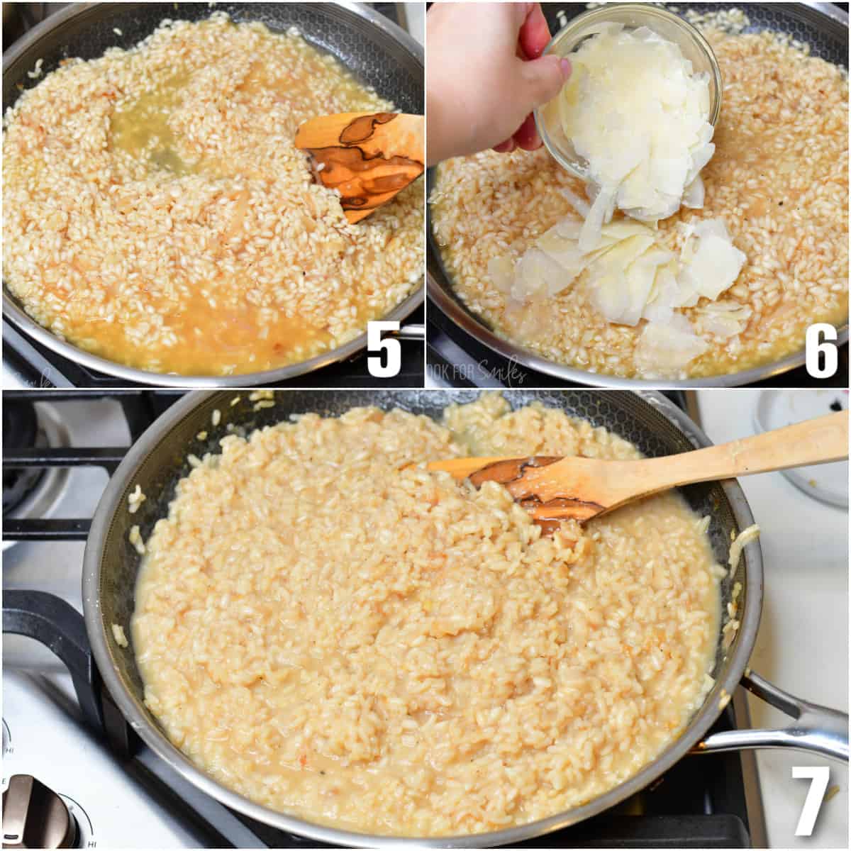 Collage of three images first of risotto in a pan being stirred., second parmesan cheese being poured into pan, risotto being stirred.