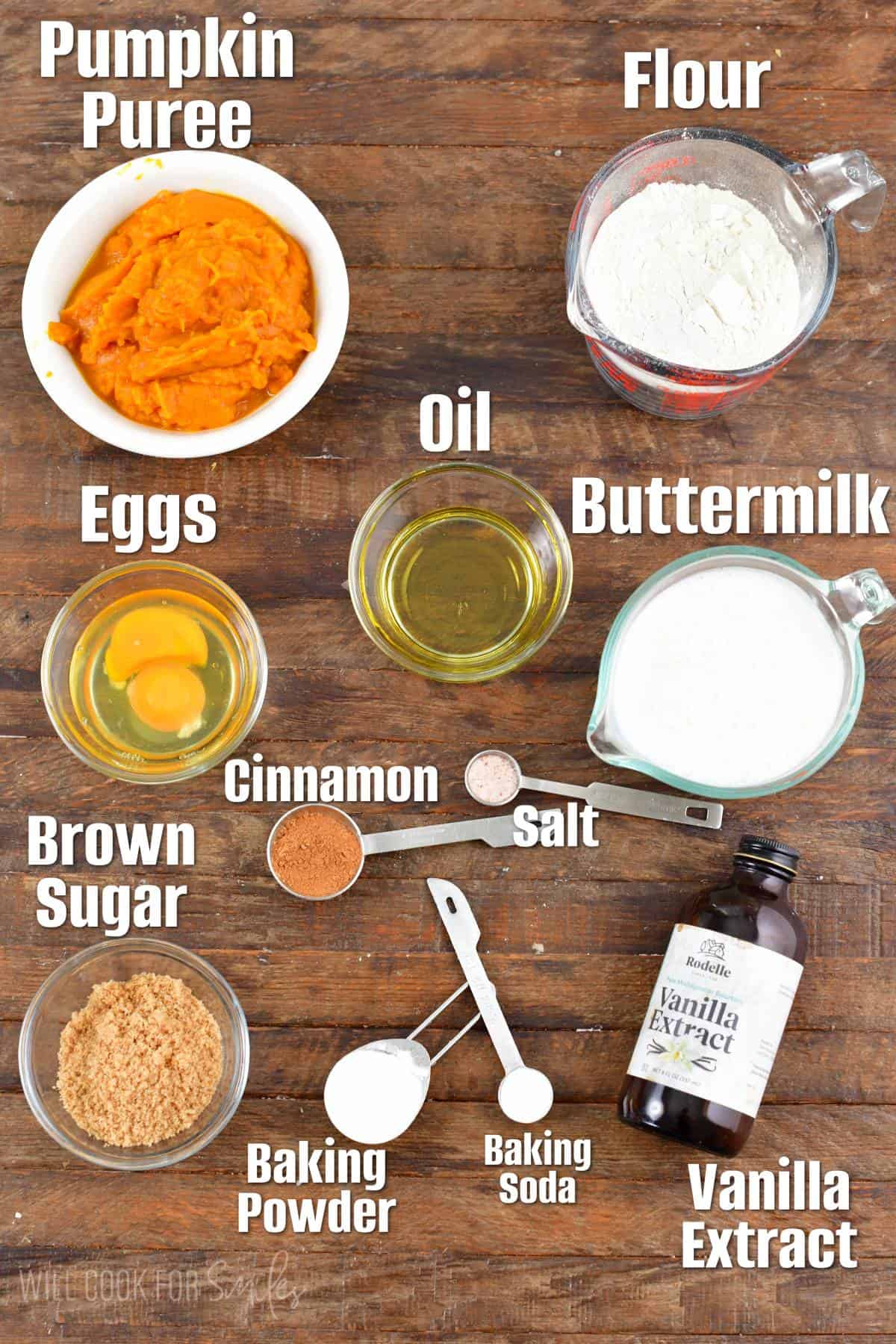 ingredients for pumpkin pancakes on a wood surface.