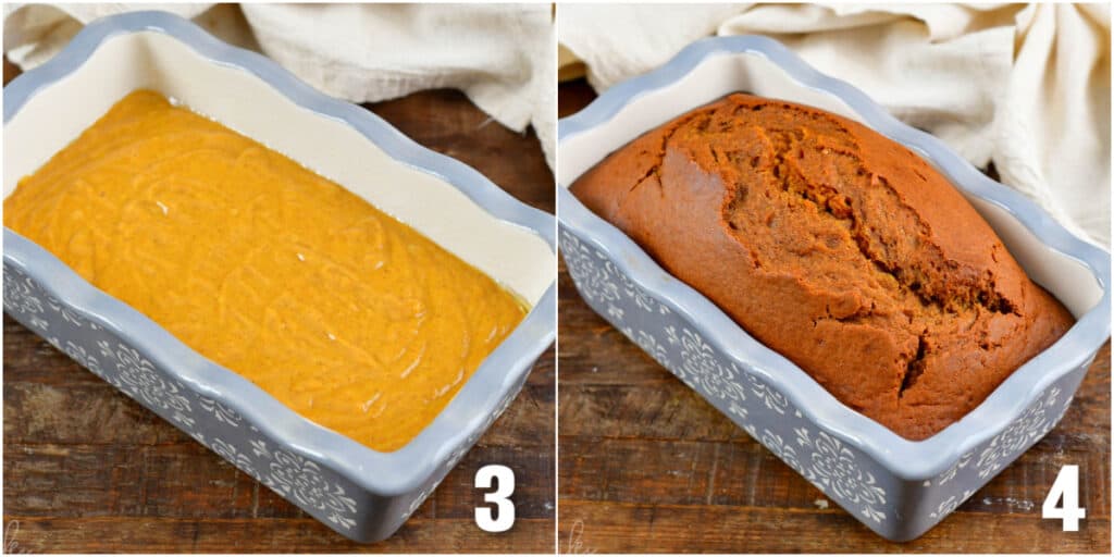 collage of two images, one of batter in a baking pan, the other of cooked pumpkin bread.
