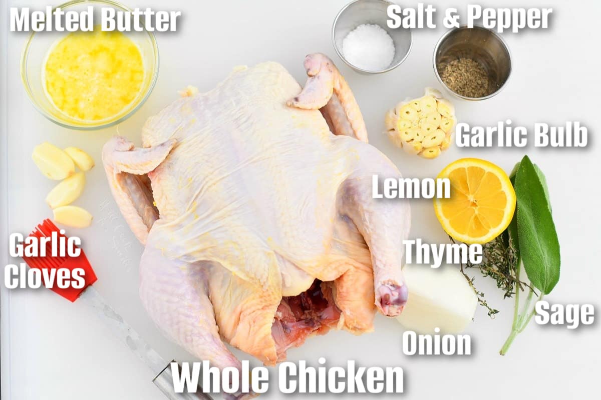 labeled ingredients to make whole roast chicken on the cutting board.