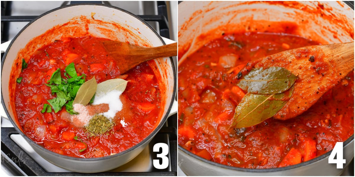 Collage of two images pot with tomato sauce and spices second is pot with tomatoes and a spoon taking out the bay leaves.