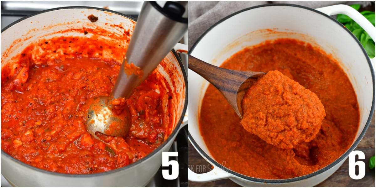 collage of two images a pot with a immersion blender blending tomato sauce one with spoon holding tomato sauce.