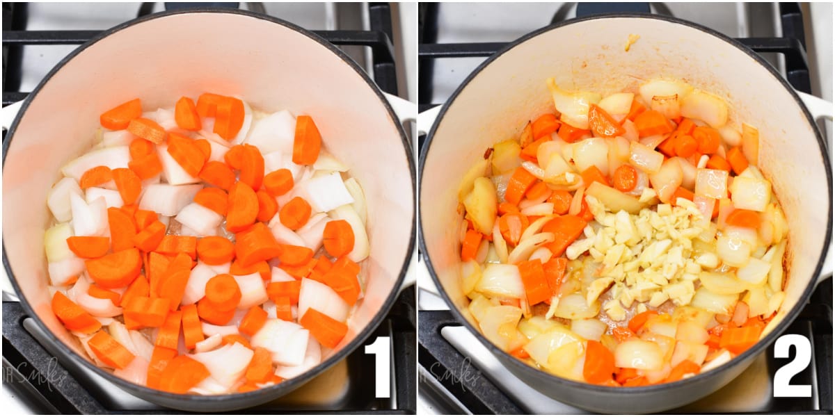 A collage of two images first image is a stock pot with carrots and onions in it and the second stockpot with carrots, onions, and garlic.