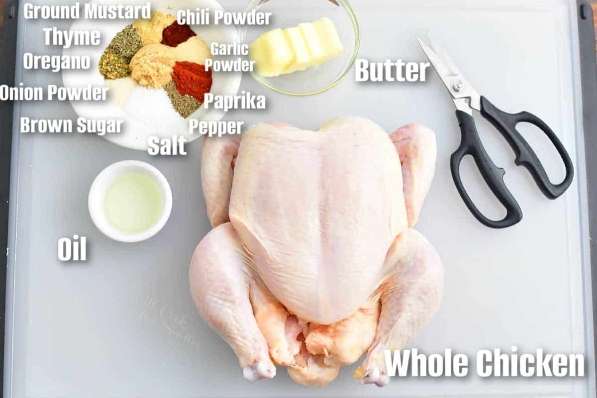 labeled ingredients to make spatchcock chicken on the cutting board.