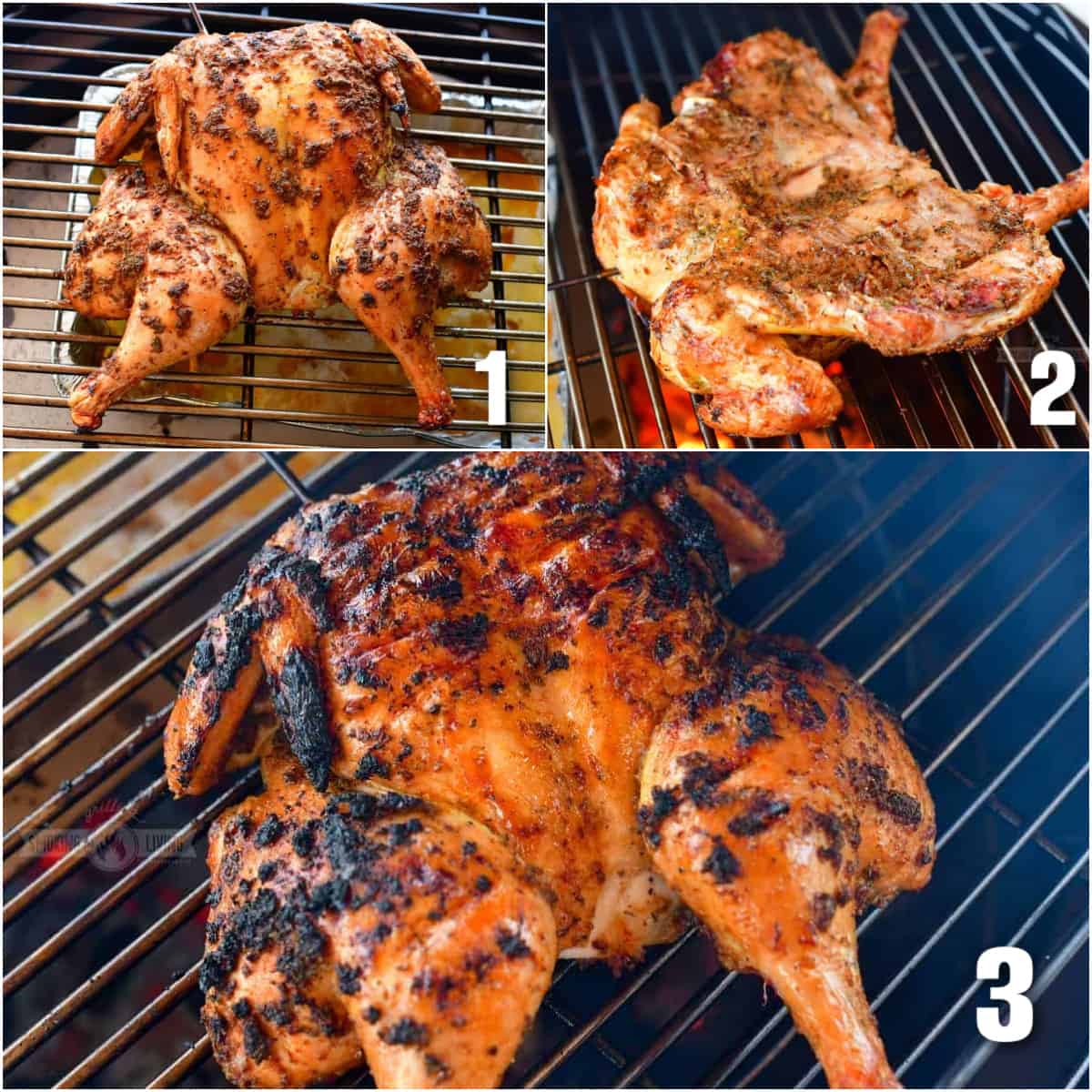 collage of the seasoned spatchcock chicken cooking on the grill.