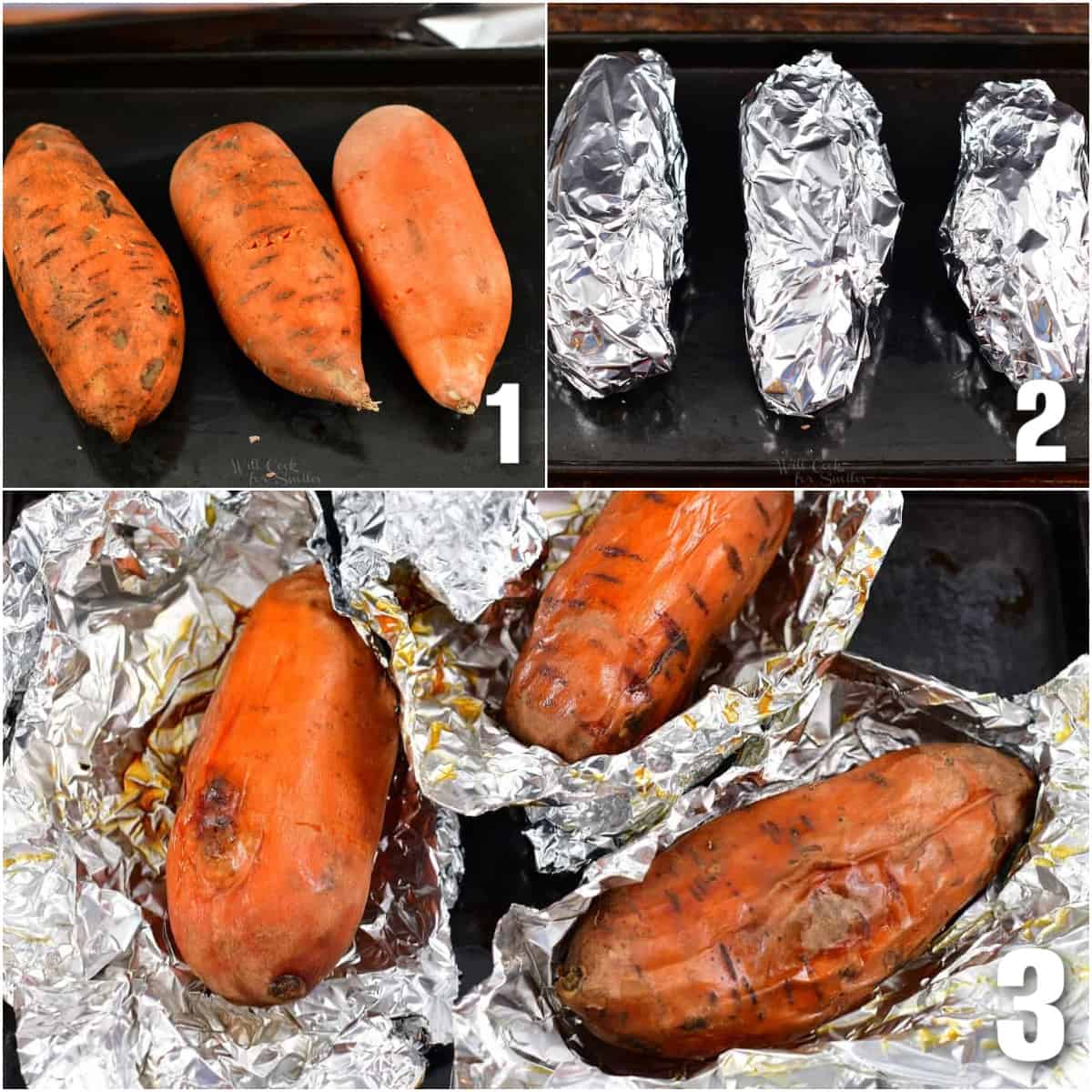 collage of three images of baking the sweet potatoes before and after.