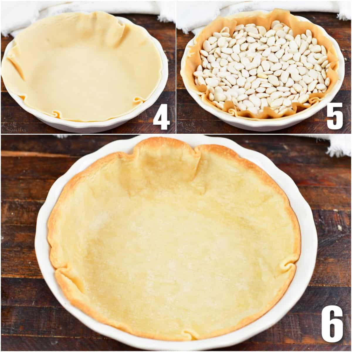 collage of three images of par-baking the pie crust and fitting with pie weights.