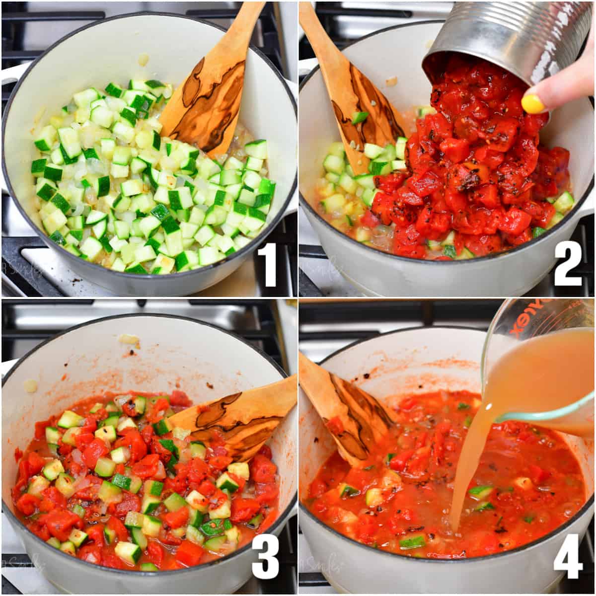 collage of four images a pot with zucchini, a pot with tomatoes being poured in with the zucchini, a pot with both stirred up, pouring the broth into the pot.