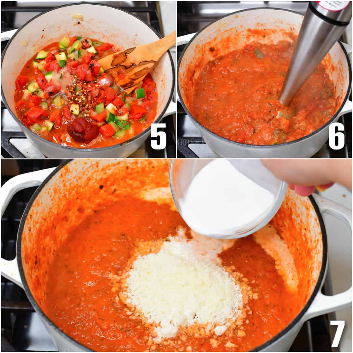 a collage of three images the ingredients for soup in a pot, the soup being blended, and cheese being added to the soup.