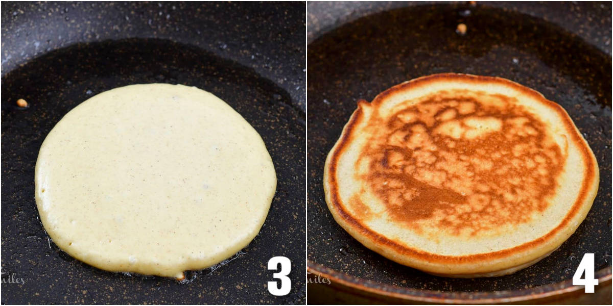 collage of two images of pancake cooking in the pan before and after flipping.