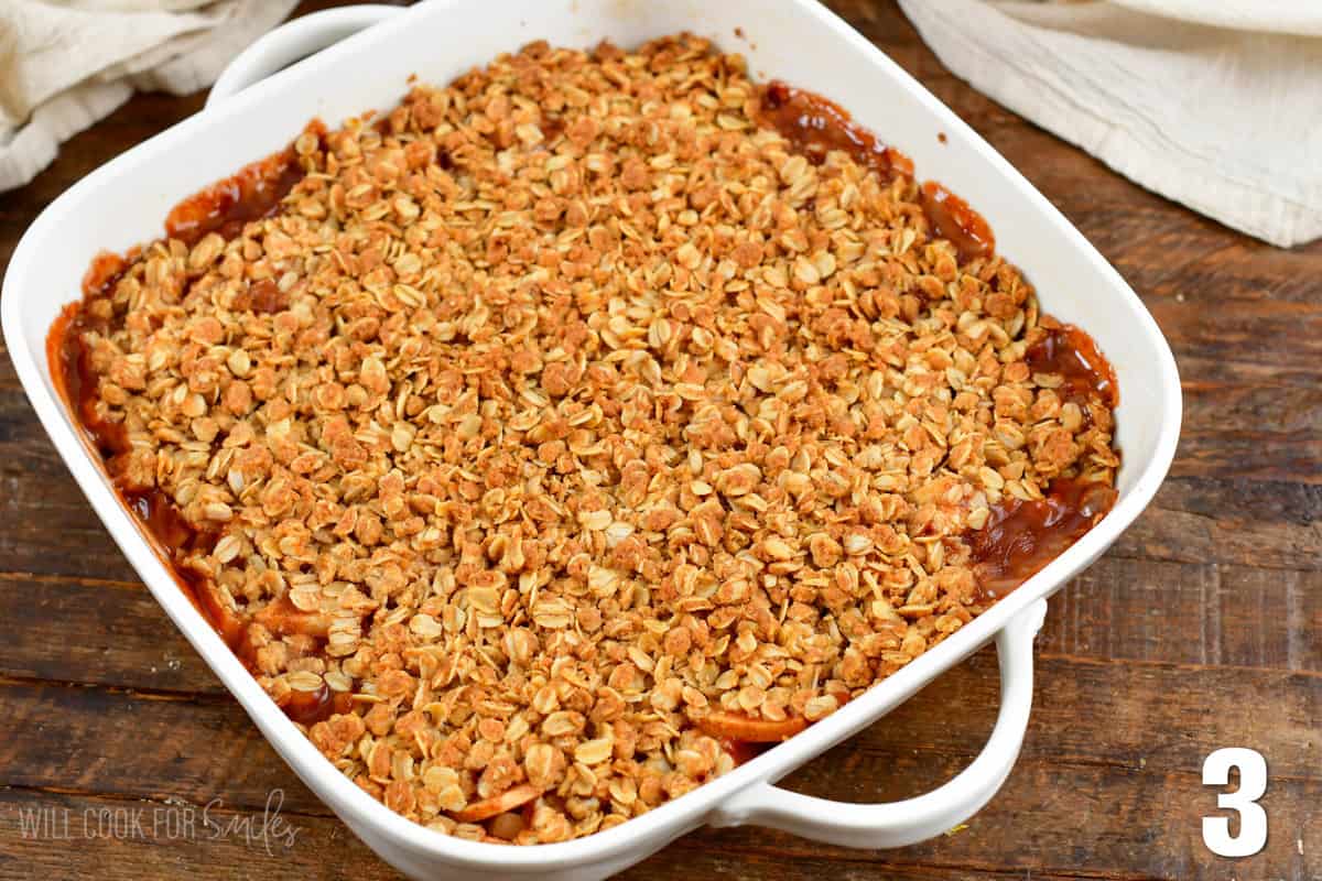 baked apple crisp on in a baking dish.