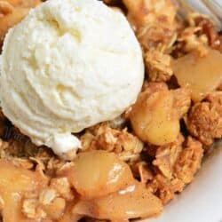 apple crisp with a scoop of vanilla ice cream on top in a white bowl.