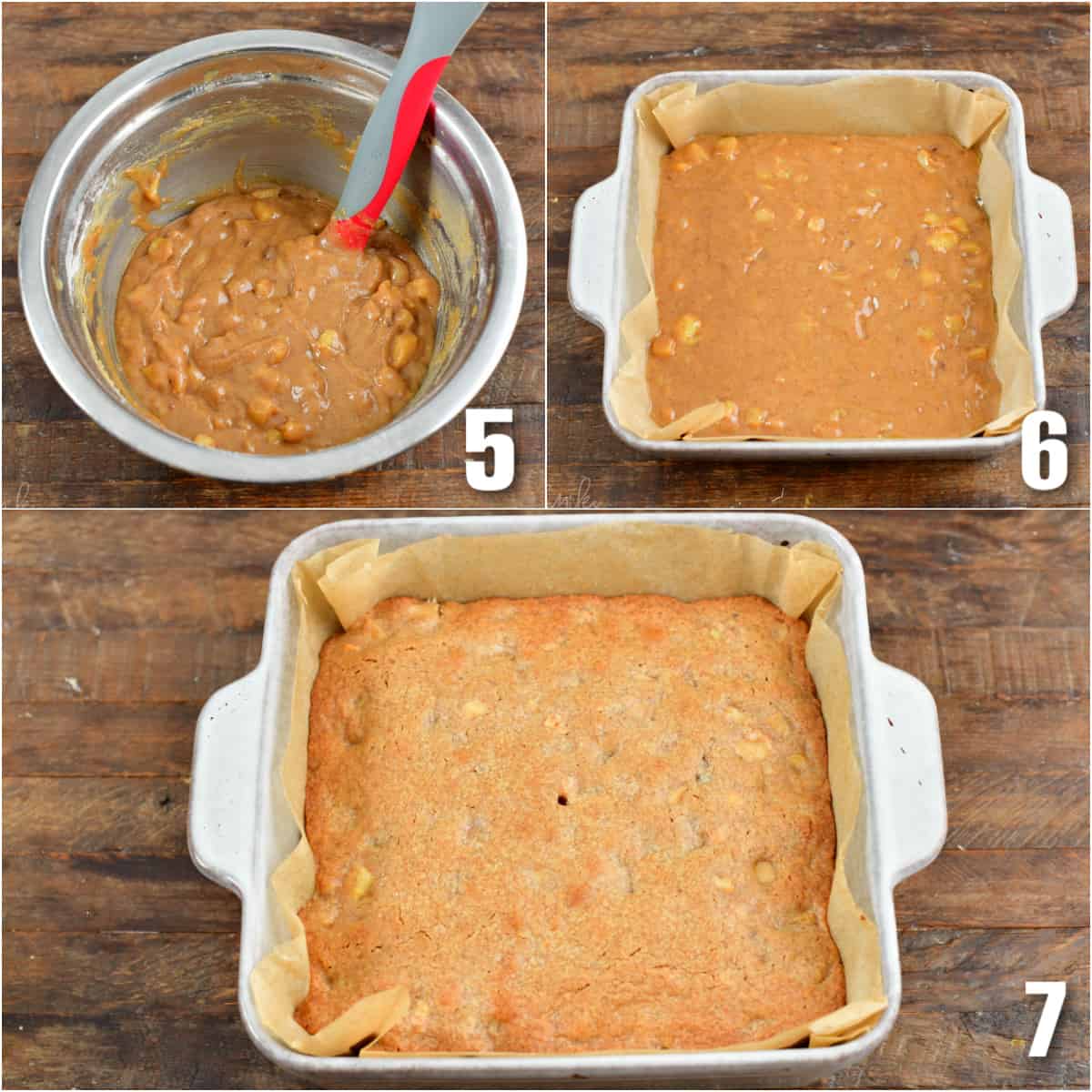 Collage of three images of before and after baking the blondies.