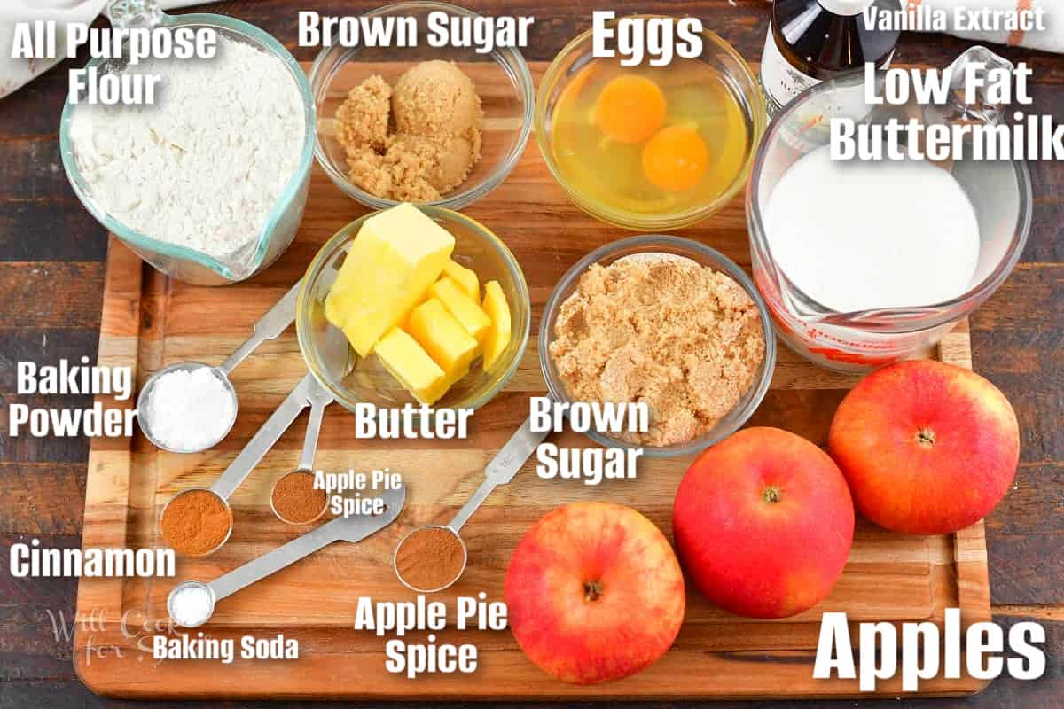 labeled ingredients to make apple pie pancakes on wooden cutting board.