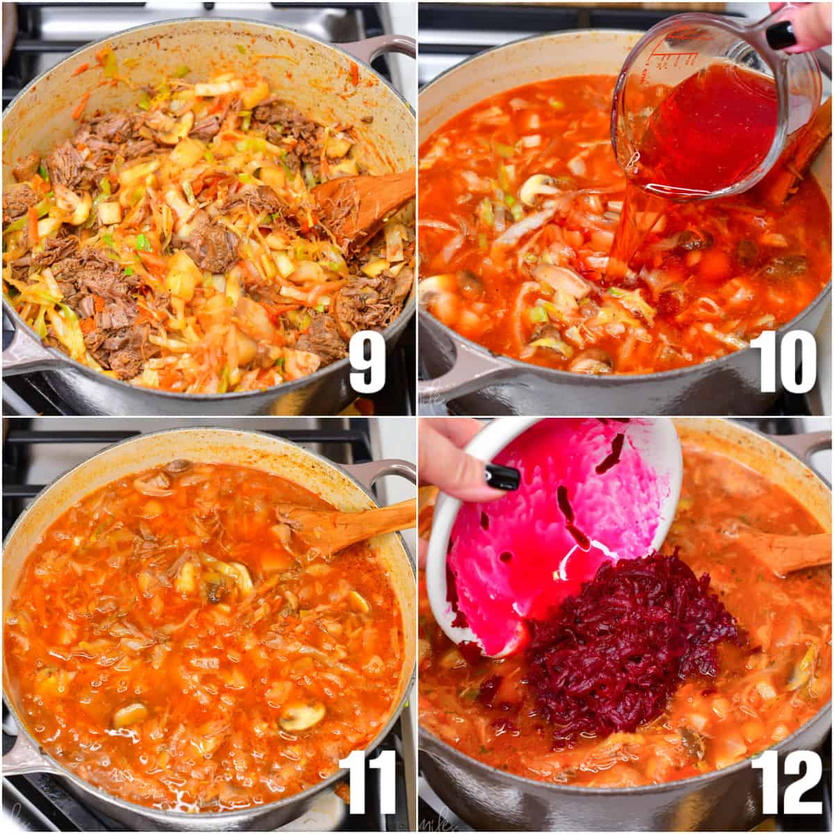 collage of four photos of steps to cook soup and adding the beets.