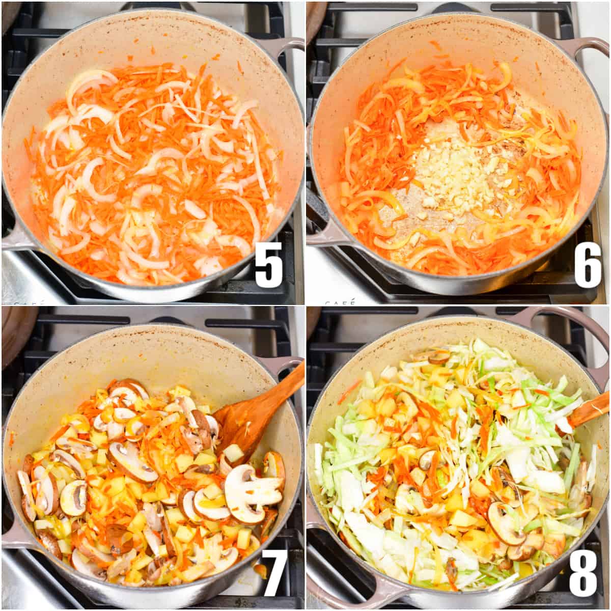 Collage of four photos of steps of cooking vegetables for borscht soup.