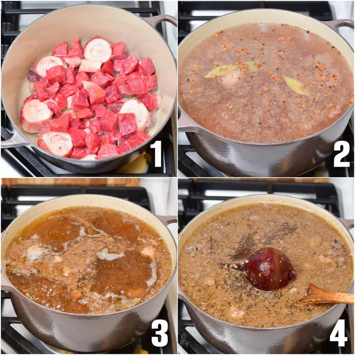 collage of four photos of steps of making borscht beef broth.