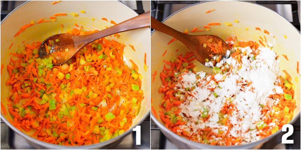 collage of two images of sautéing veggies and adding flour in a large pot.