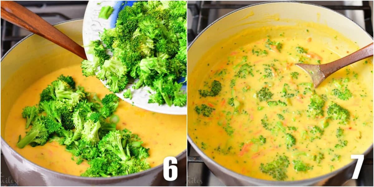 collage of two images of adding broccoli and stirring the broccoli cheese soup.