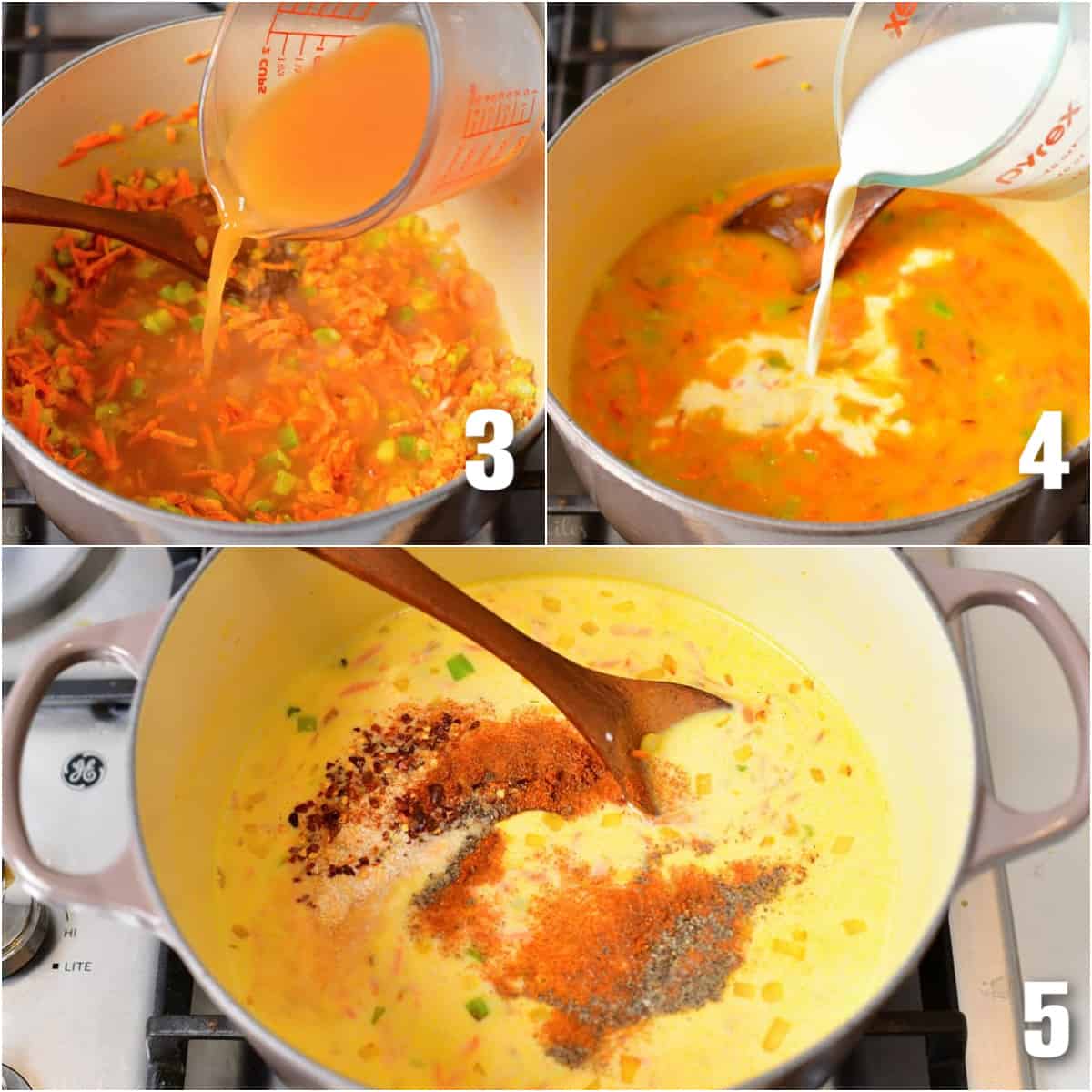 collage of three images of adding liquids and seasoning to the broccoli cheese soup.