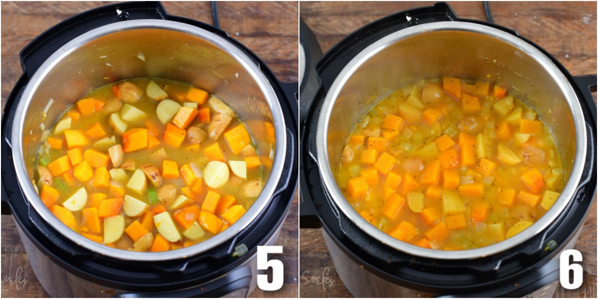 collage of two images of the ingredients for butternut squash soup in a instant pot.