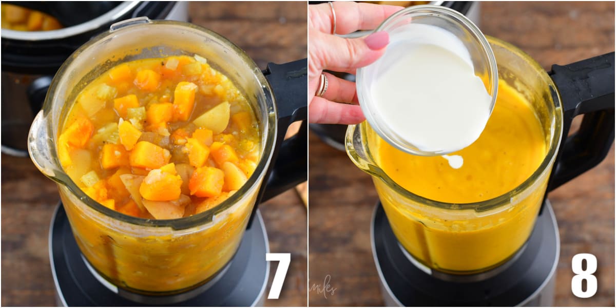 collage of two images squash in a food processer and pouring the cream into food processer.