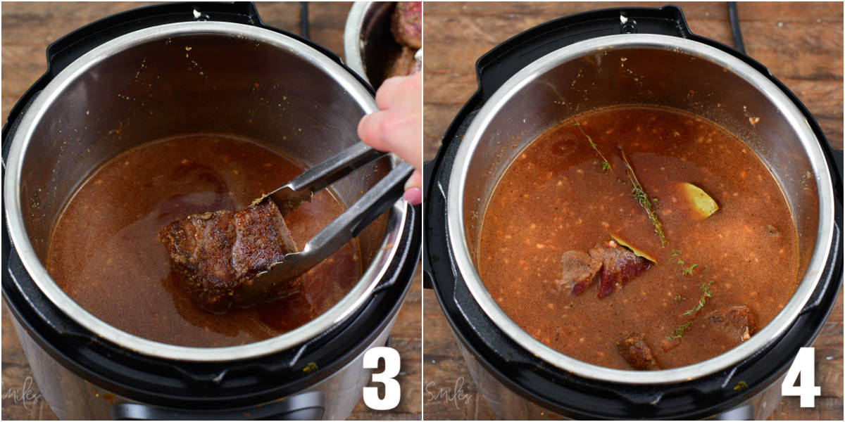 collage of two images of putting the meat back into the liquid in the instant pot.