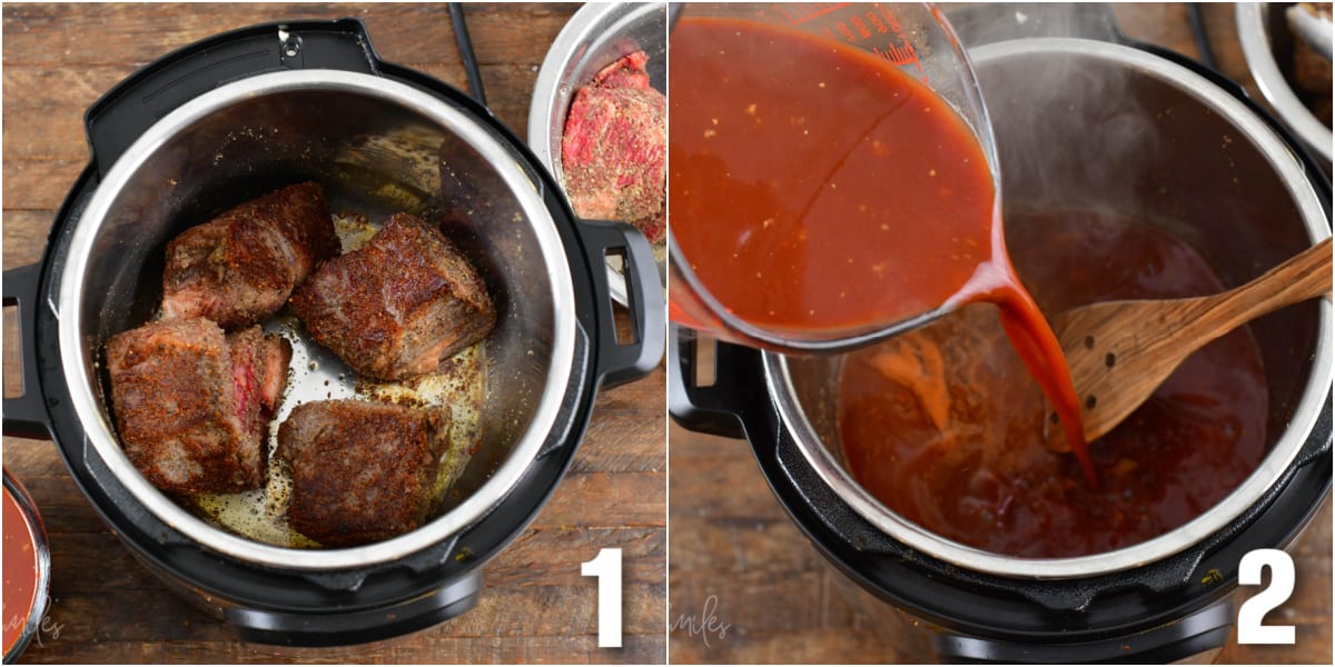 Collage of two images searing meat in the instant pot and pouring liquid into the instant pot.