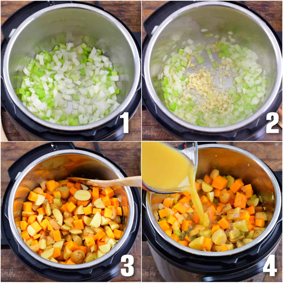 collage of four images of ingredients for soup in the instant pot.