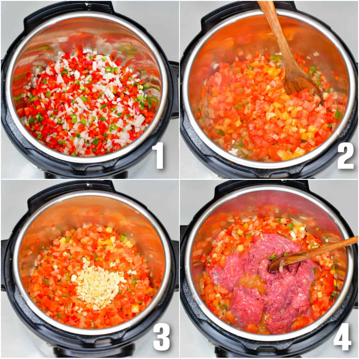 Collage of four images of sautéing veggies and then meat in the instant pot.