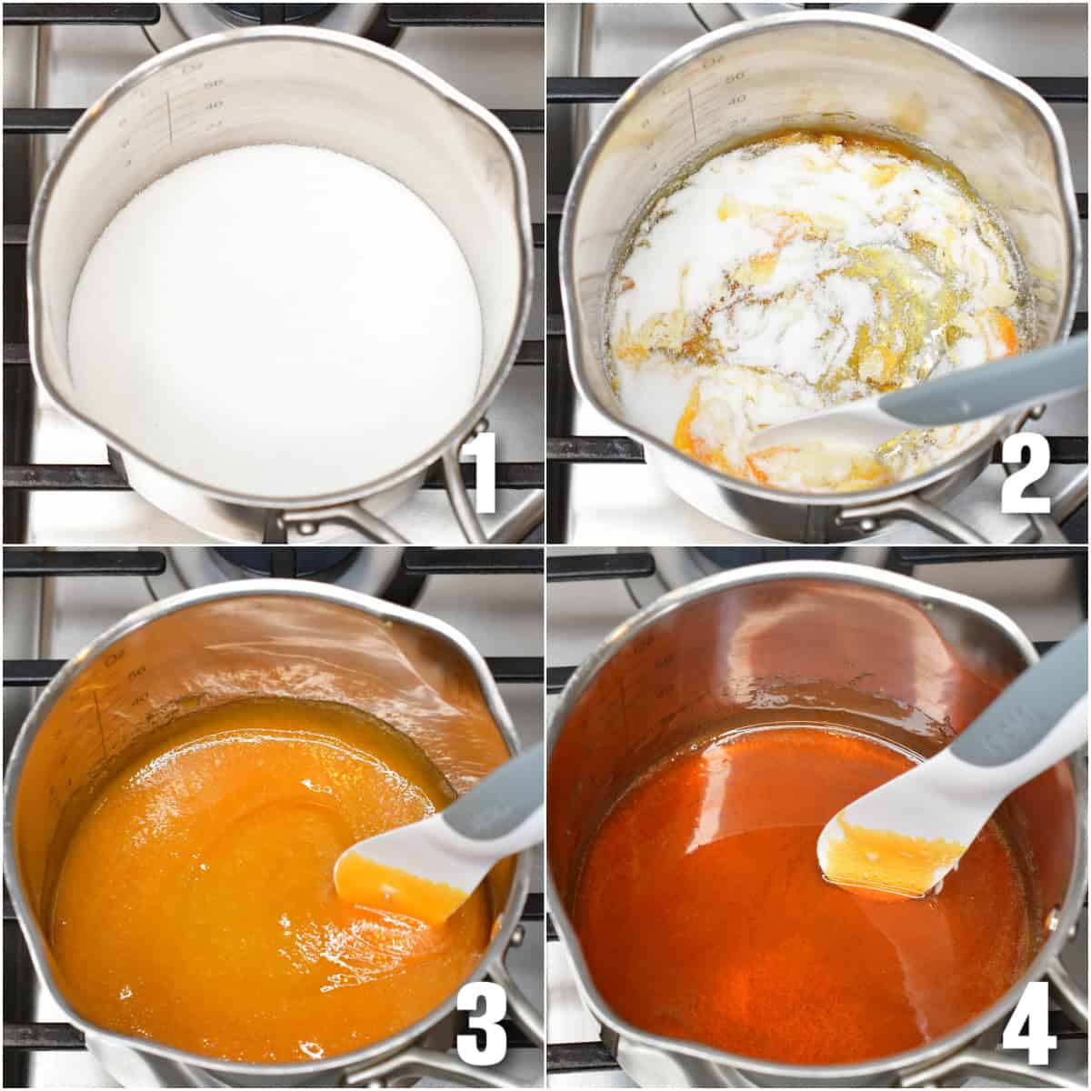 Collage of four images of cooking the caramel in a pot.