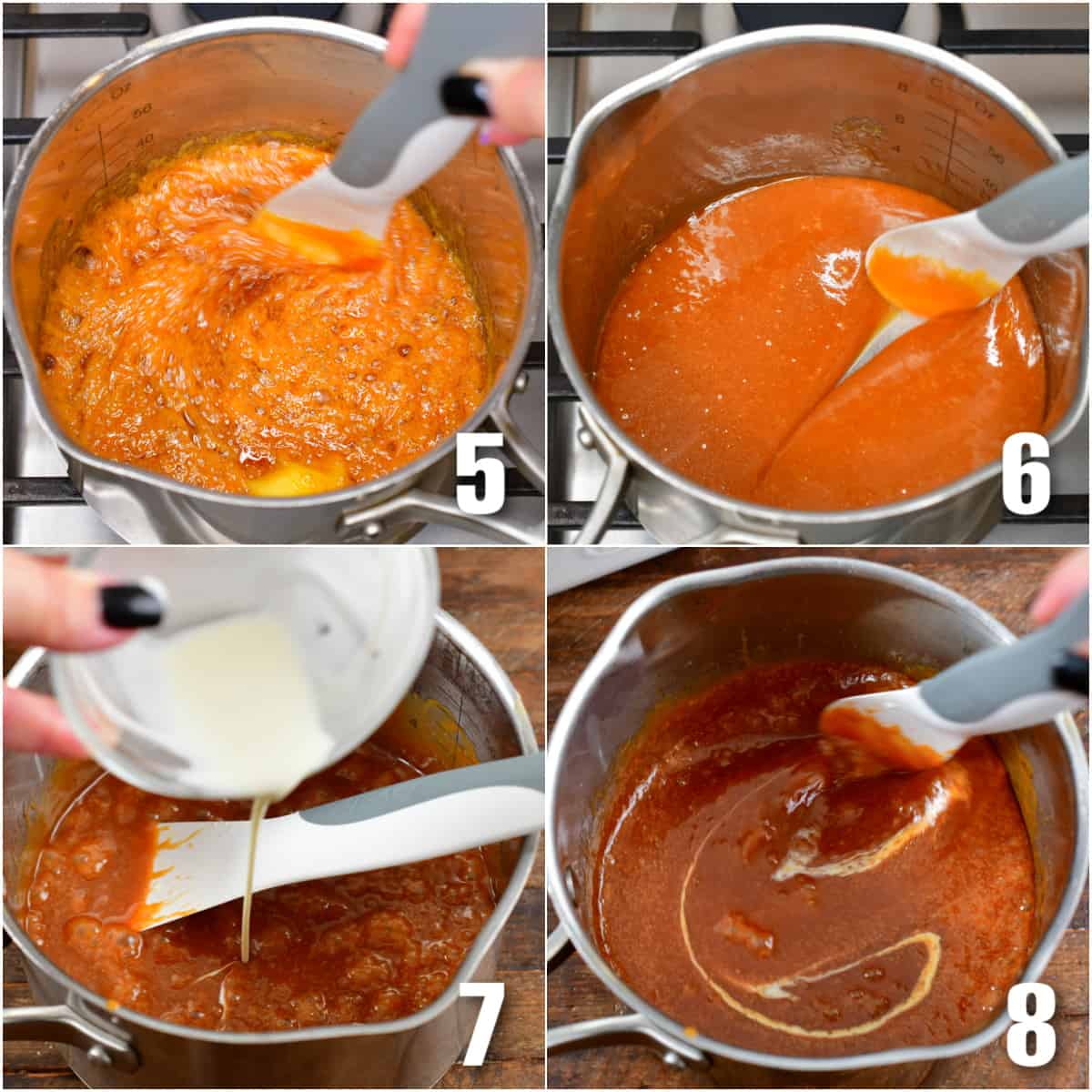 collage of four photos finishing the cooking of the caramel in a pot.