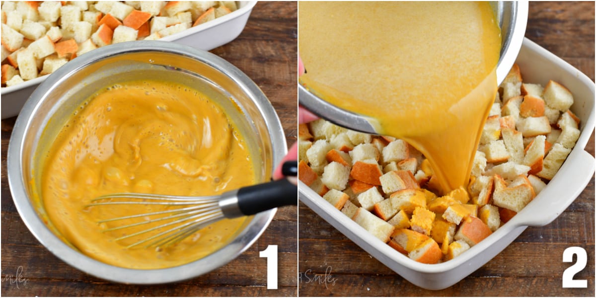 Collage of two images of preparing the bread pudding.