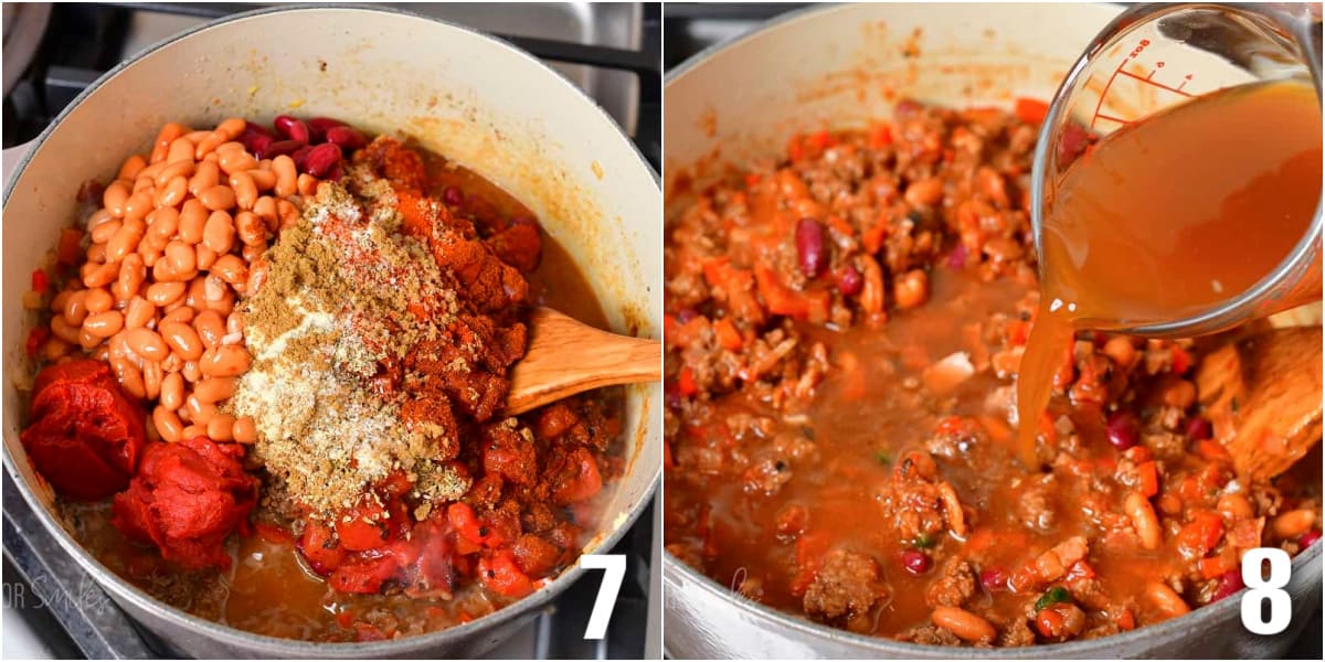 collage of two images of added beans and seasoning int he pot and pouring in beef stock.