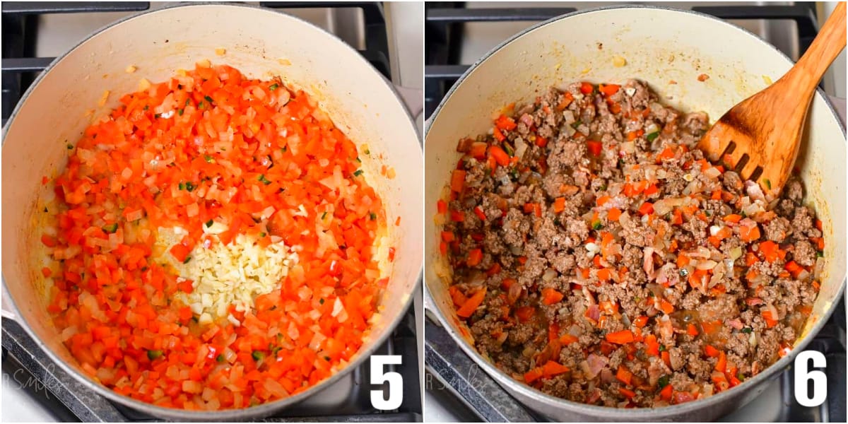 collage of sauteed veggies with garlic added and then beef mixed with veggies.