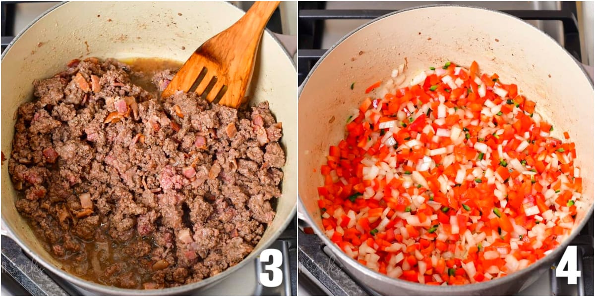 collage of two images of cooking ground beef and bacon and sauteing diced veggies.