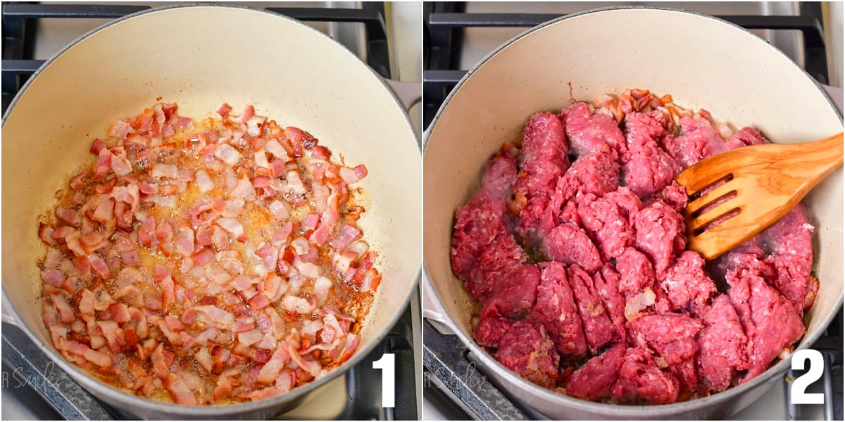 collage of two images of sautéing bacon and then adding ground beef to the pot.