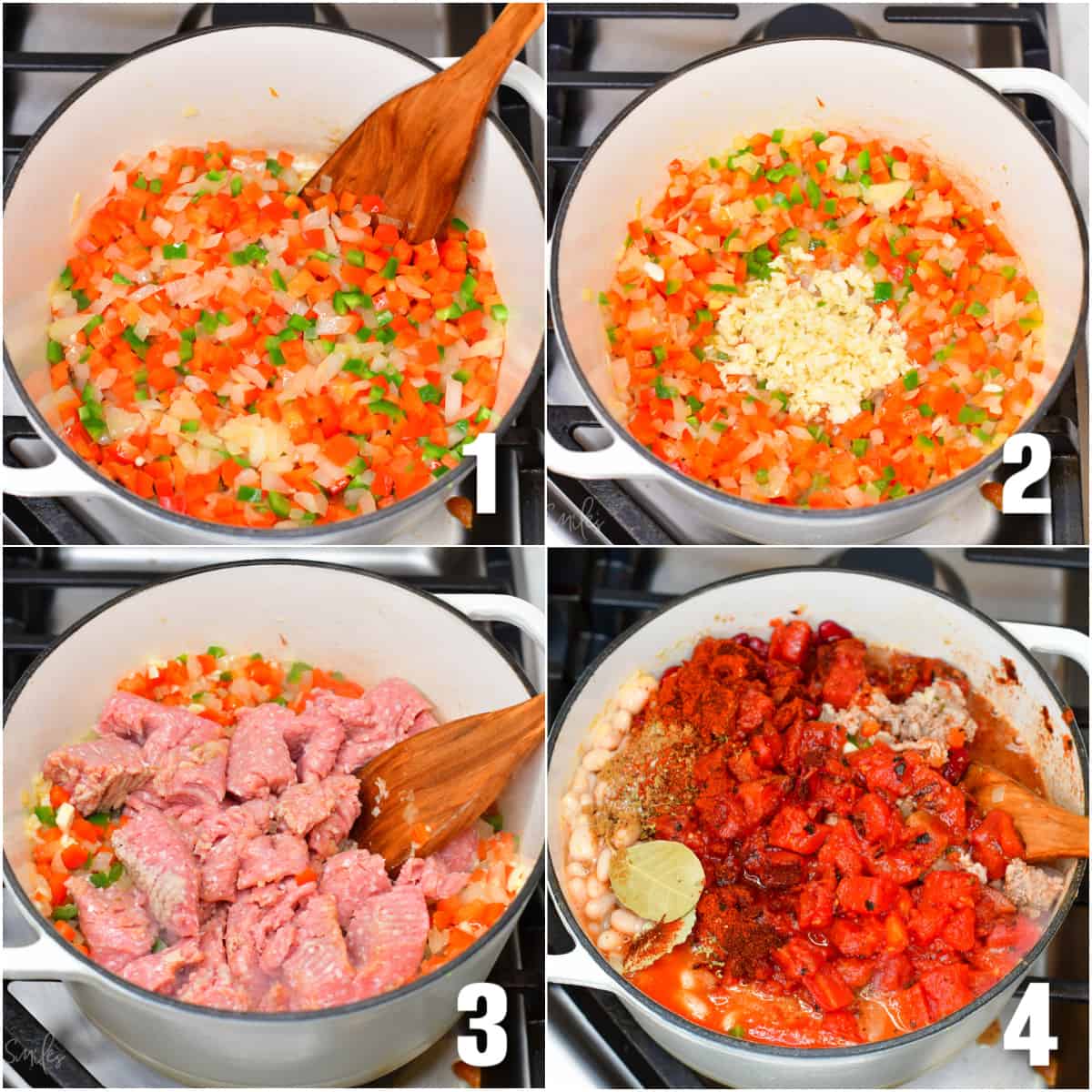 Collage of four images of vegetables being cooked in a Dutch oven pot and the turkey being added to the pot and spices and tomatoes.