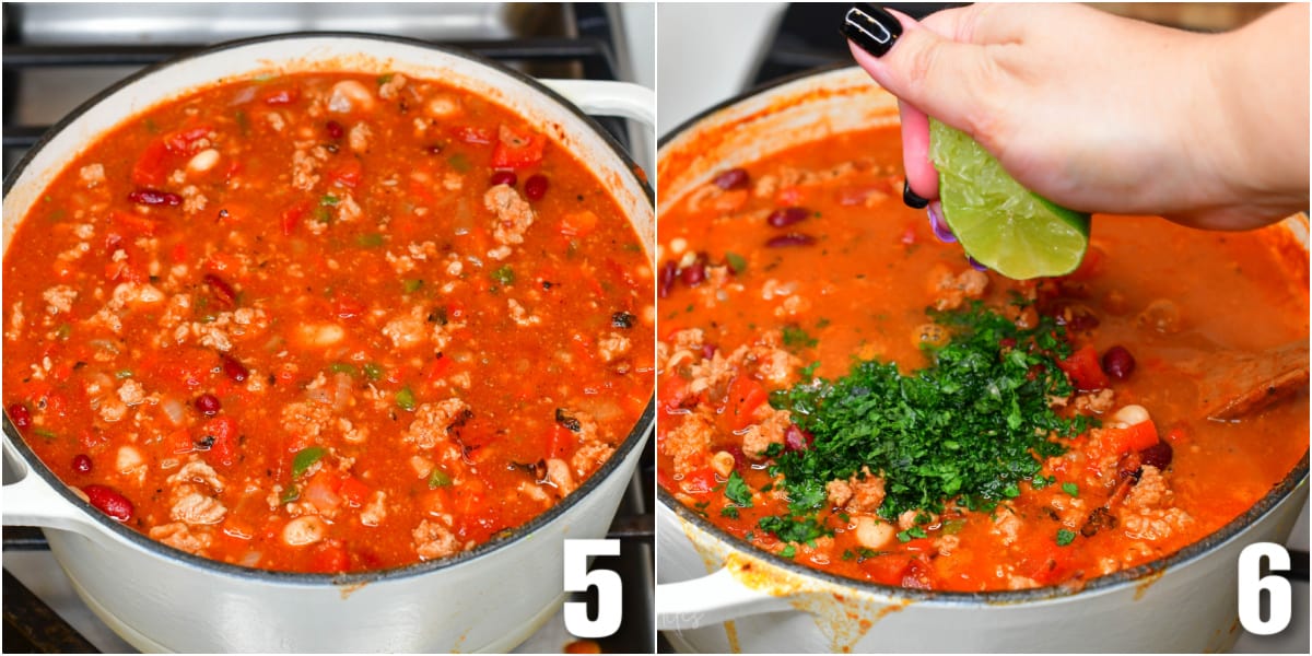 Collage of two images turkey chili in a Dutch oven and squeezing lime over chili and herbs.