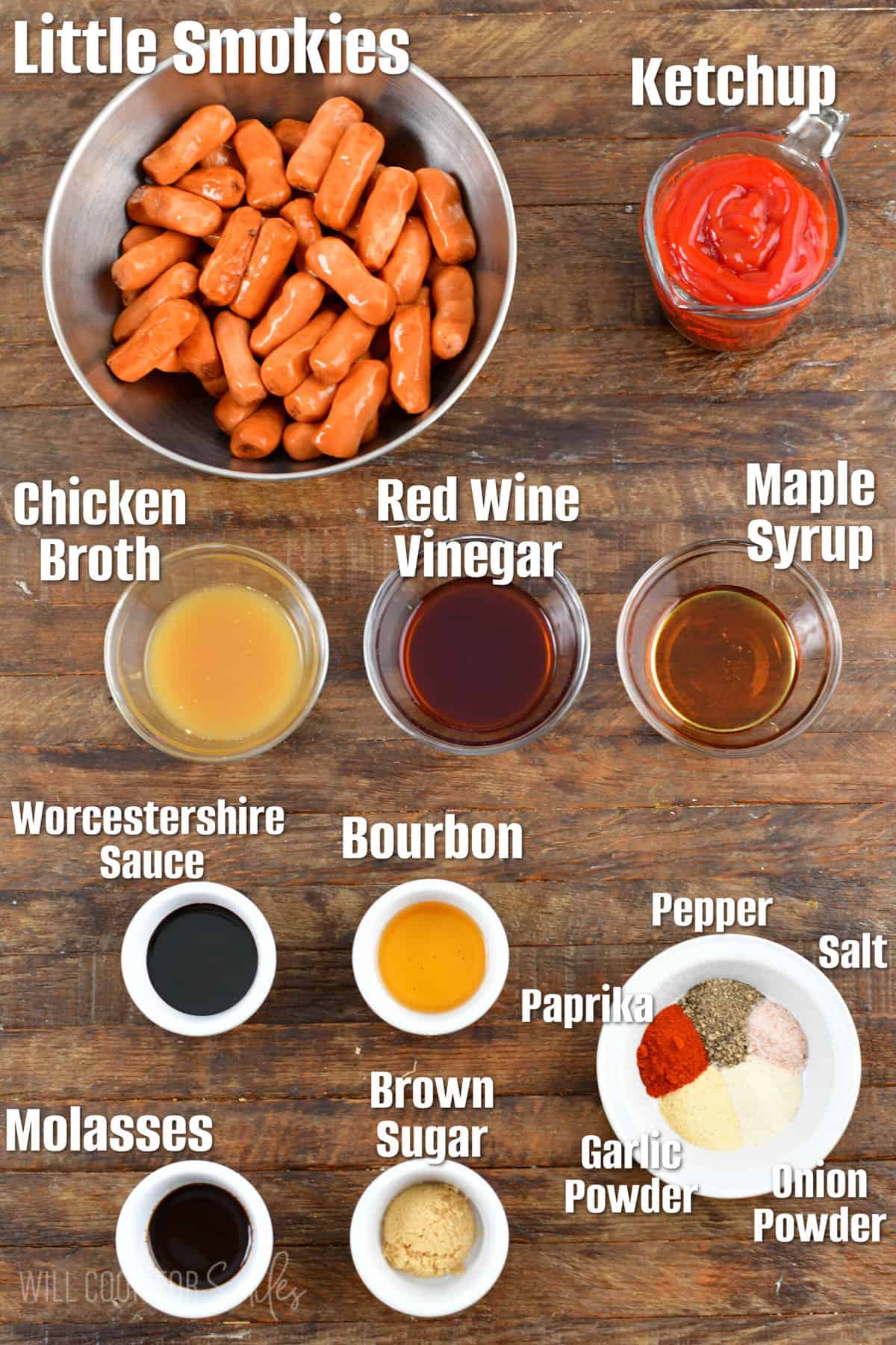 Labeled ingredients to make little smokies on a wood surface.