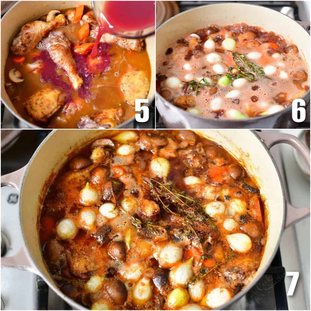 collage of three images of coq au vin being cooked in a Dutch oven.