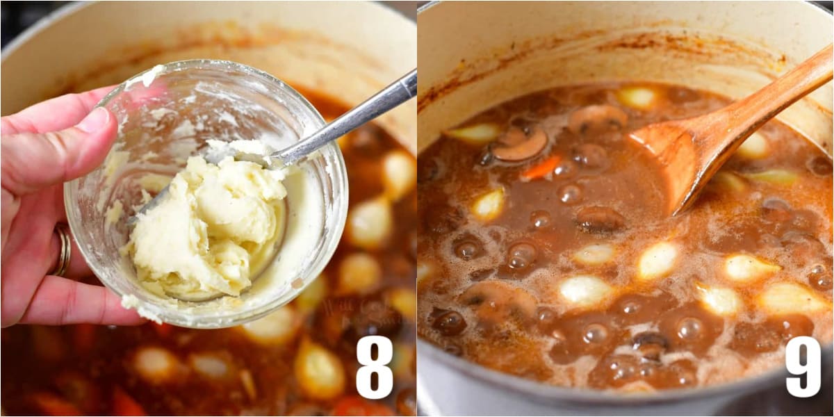 collage of two images of thickening the coq au vin in the pot.