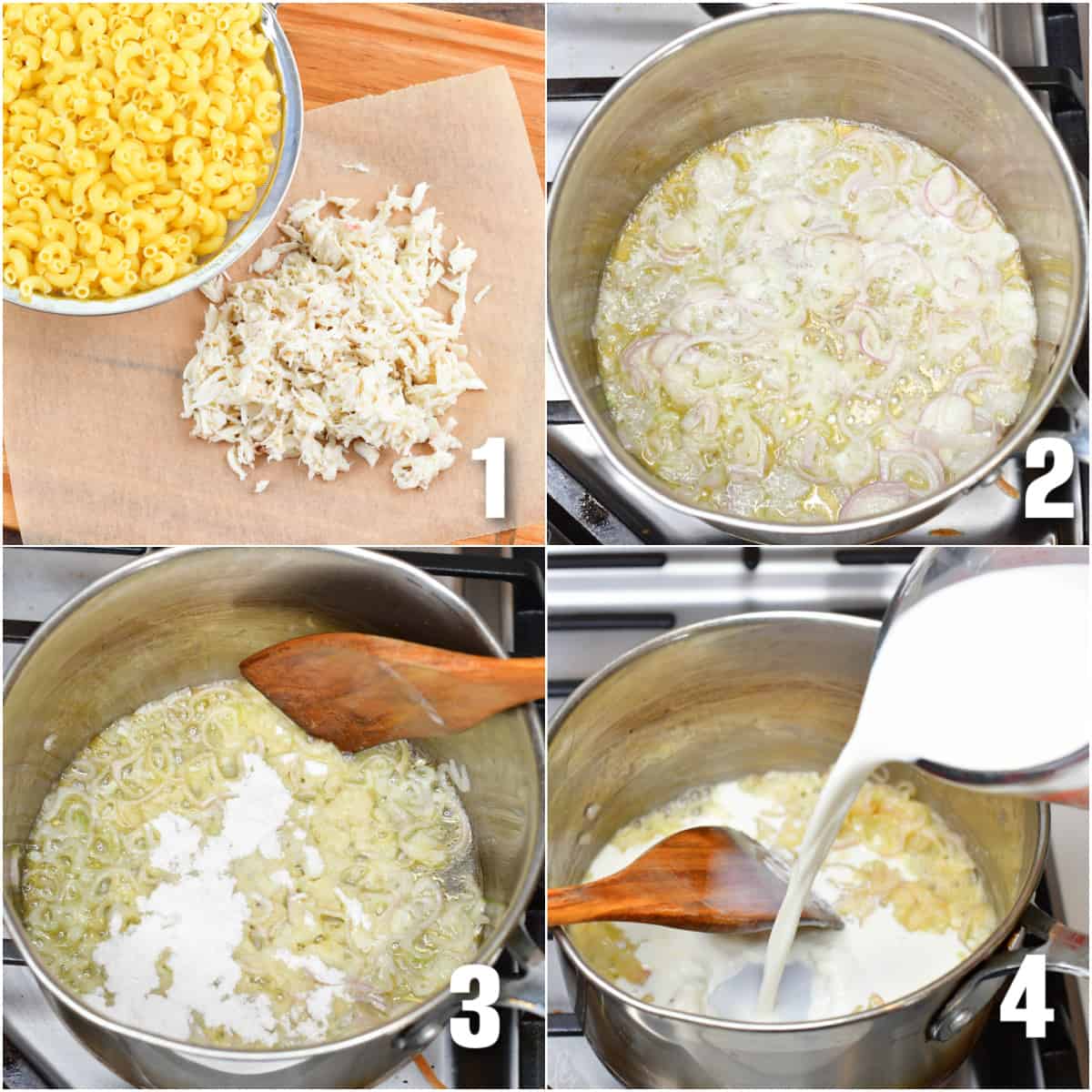 Collage of four images of the steps to cook crab mac and cheese.