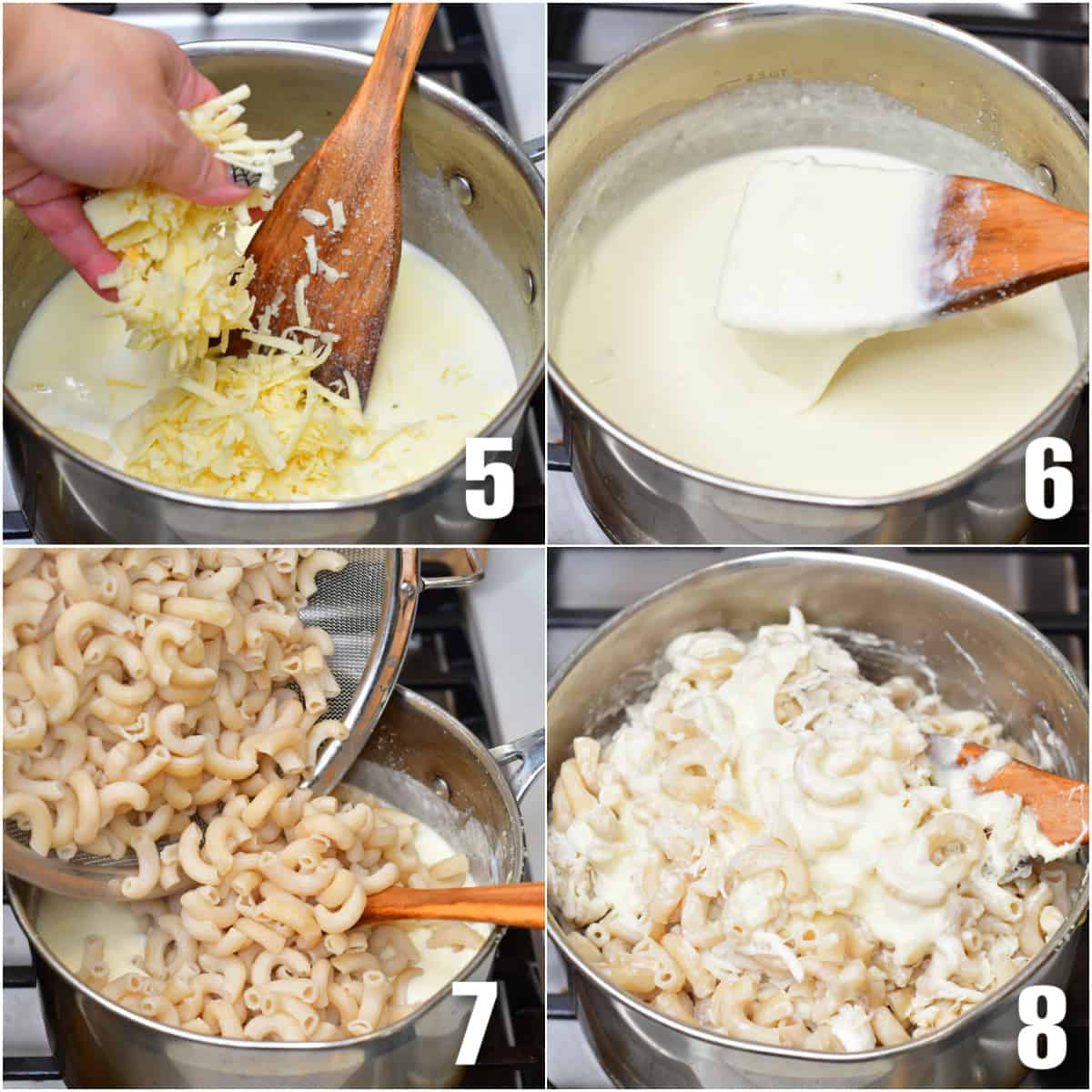 Collage of 4 photos adding the cheese to the pot for the mac and cheese.