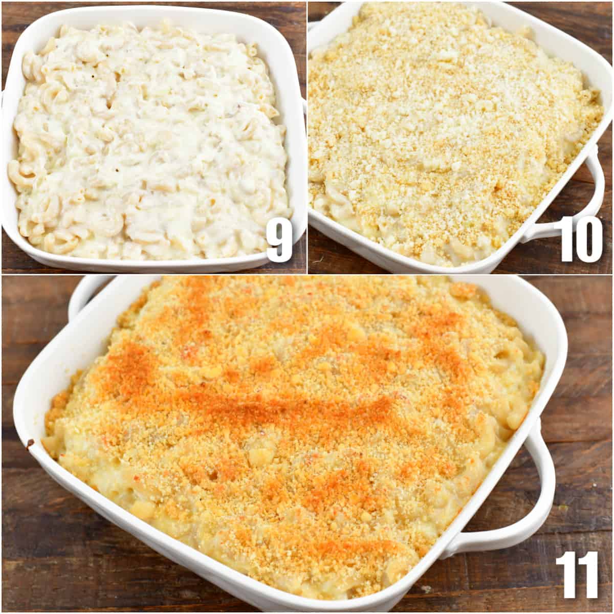a collage of three photos of adding the uncooked mac and cheese to a baking dish and the baked mac and cheese.
