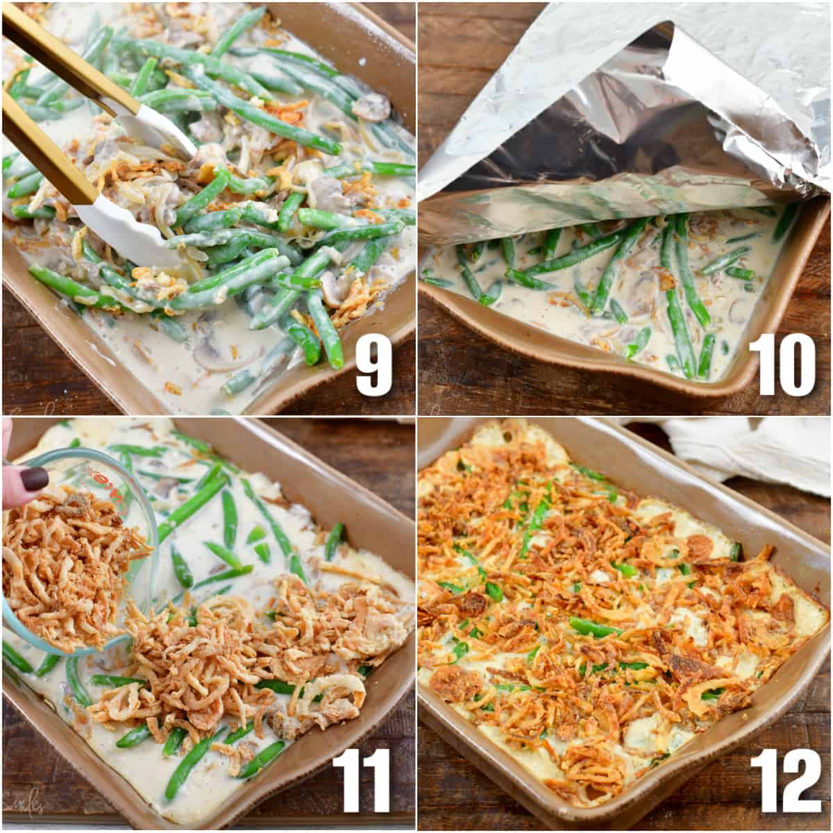 collage of four images of baking green bean casserole in a baking dish.