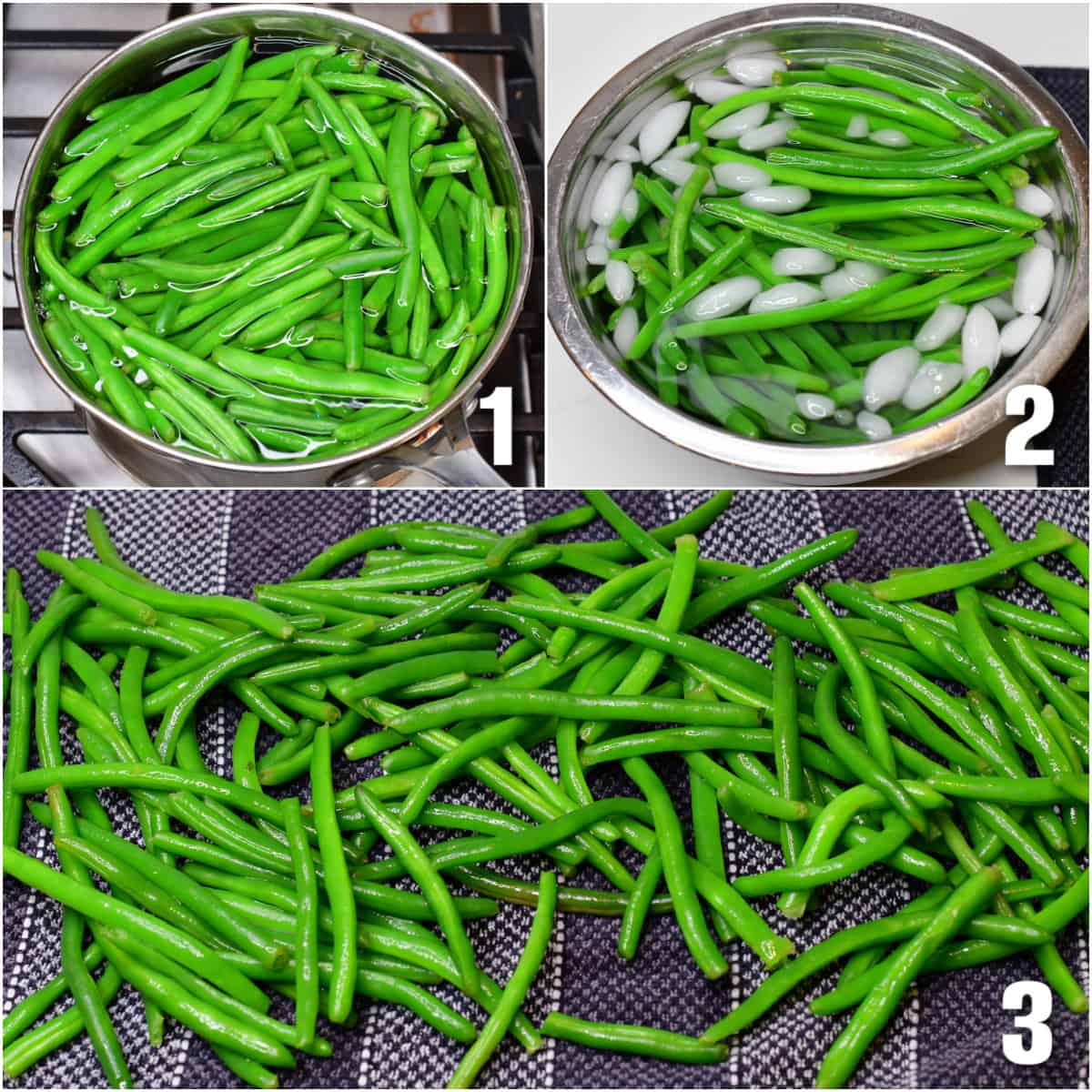 collage of three images blanching green beans in a bowl of ice water and drying them on a towel.