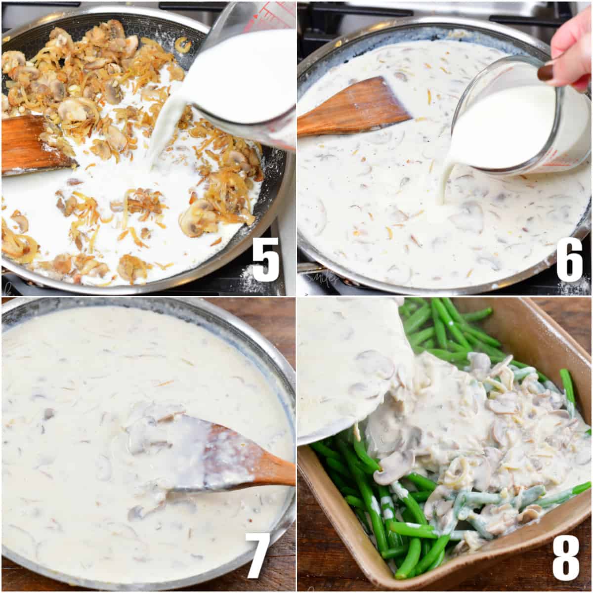 collage of four images of cooking the sauce for green bean casserole and pouring it over casserole dish with green beans.