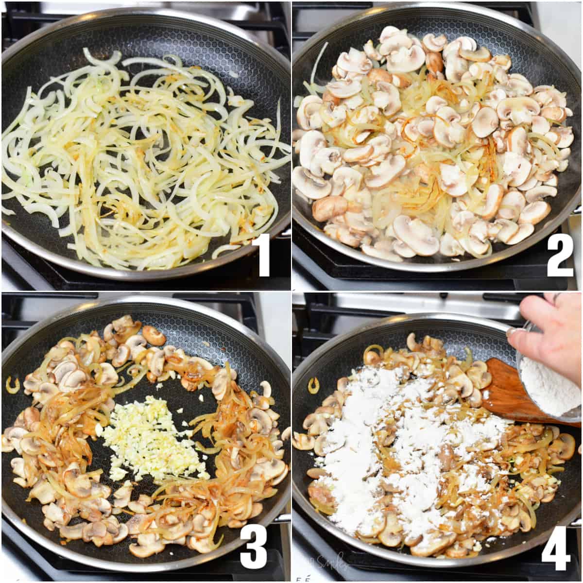 Collage of four images of cooking the onions and mushrooms in a pan.
