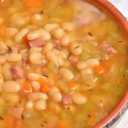 a bowl of ham and bean soup.